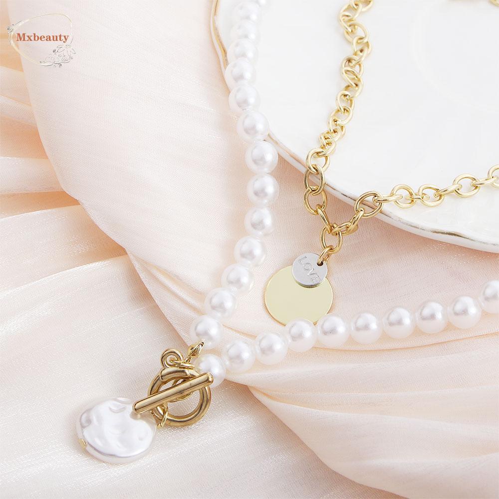 Mxbeauty Berlapis Ganda Chocker Koin Liontin Manis Perempuan Perhiasan Pesta Mutiara Imitasi Pendek Kalung Grils Hadiah Mutiara Klavikula Rantai