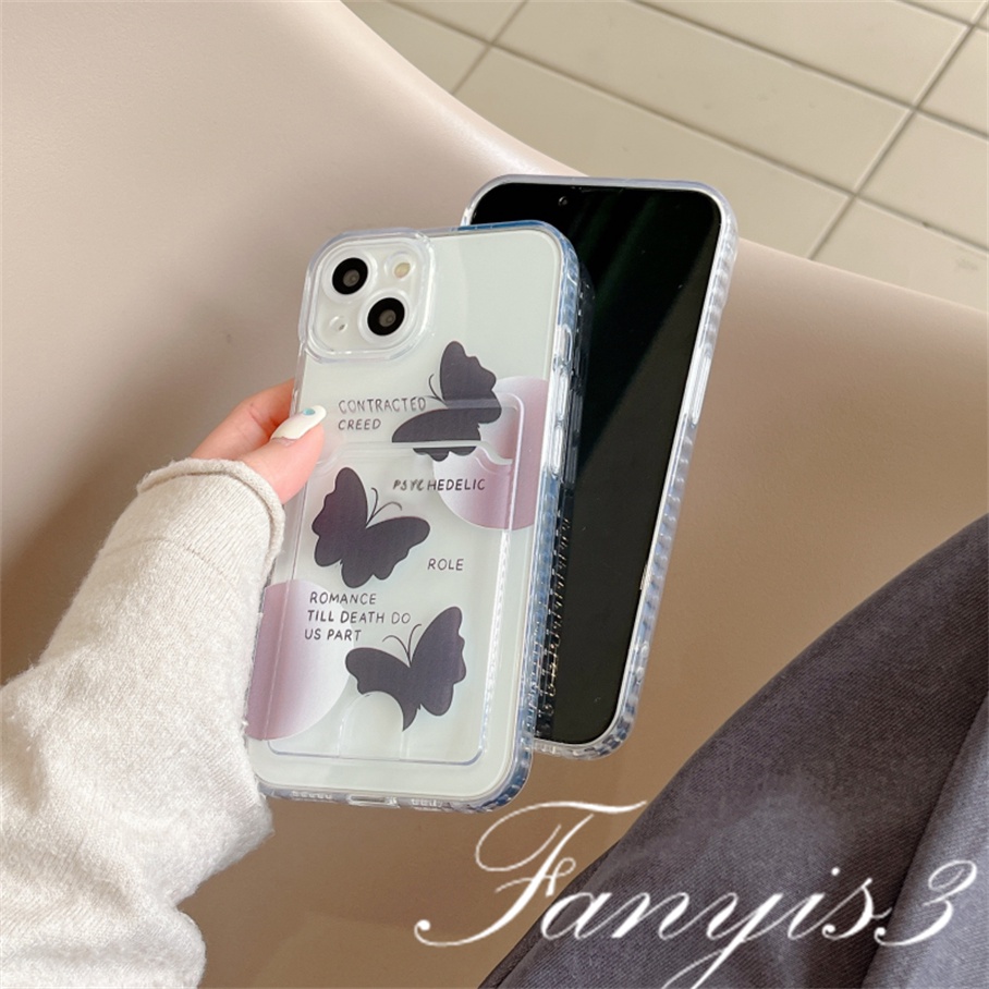 Redmi A1 Plus 10C 10A 10 9A 9C 9 9T Note 11s 10s 9s 11 10 9 8 Pro Poco X3 NFC X3Pro Mi 11 12 Lite 11T Pro Ins Black Butterfly Card Holder Phone Case Clear TPU Pelindung Lembut Sarung