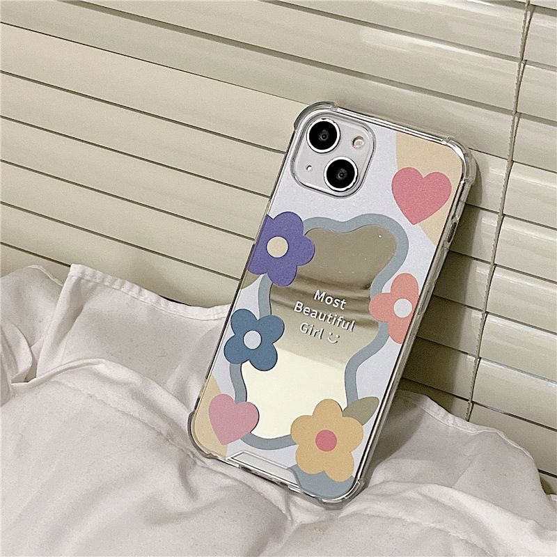 【Anti Fall Mirror】Pretty Silver Makeup Silicone Soft Case Iphone 6S 7 8 Plus X XR XS Max IPhone 11 12 13 14 Pro Max 14 Plus 7+ 8+ 12 13 mini for Women Girl Ins Colorful SunFlower