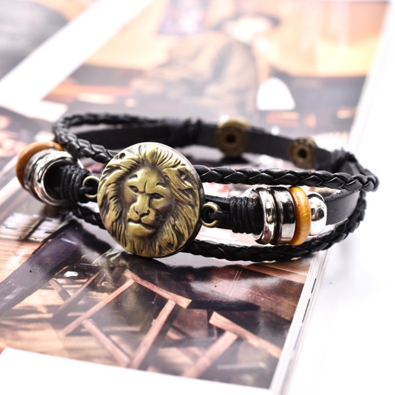 [Z H Perhiasan] Vintage Lion Manik-Manik Gelang Kulit Pria Dan Wanita Fashion Stainless Steel Multilayer Gelang Punk Pesta Rock Perhiasan Aksesoris