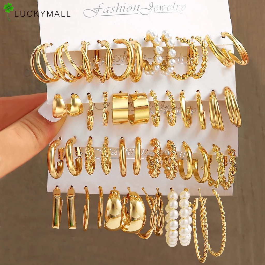 Set Anting Hoop Mutiara Emas Mewah Untuk Wanita Hypoallergenic Fashion Geometris Stud Earrings Perhiasan Aksesoris