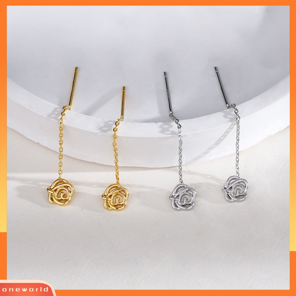 [EONE] 1pasang Wanita Drop Earrings Bersinar Berongga-out Bunga Mawar Garis Rantai Gaya Elegan Dekorasi Telinga Warna Emas/Perak Panjang Liontin Anting Perjamuan Pesta Perhiasan Hadiah