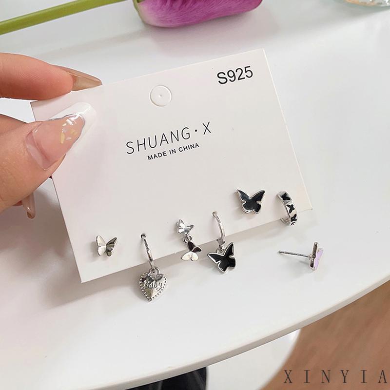 【Bayar di tempat】2023 Gaya Baru Korea 6 Pcs Set Fashion Wanita Silver Pearl Anting Kupu-kupu Hati Anting Pribadi