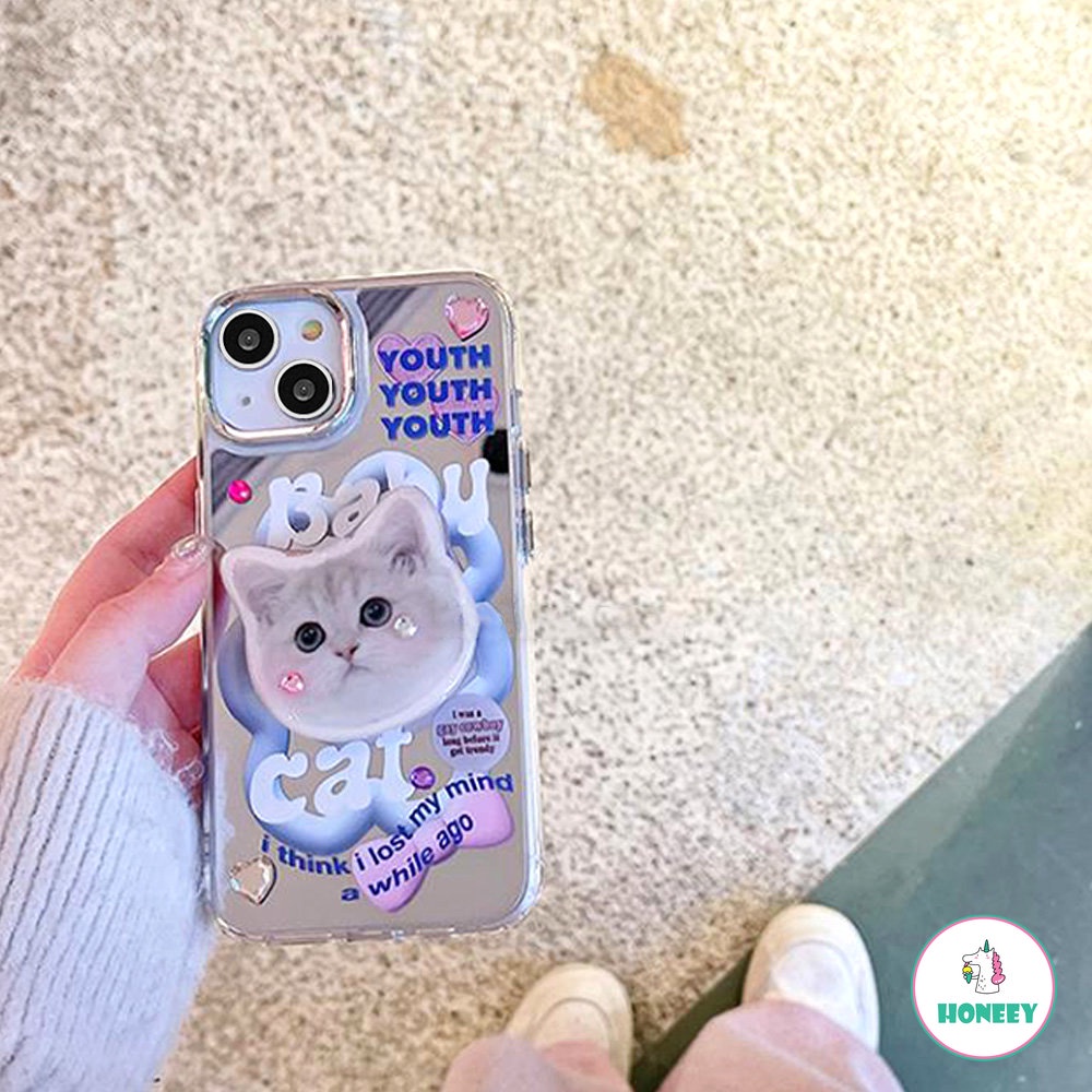 Mirror Lovely Kitty Cat Grip Holder Phone Case Untuk iPhone 14 ProMax 13 12 Pro Max11 Cases Wanita Lucu Bracket Stand Soft Cover