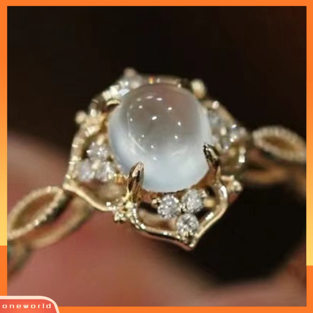 [EONE] Wanita Cincin Mengkilap Romantis Berongga Keluar Berkilau Dapat Disesuaikan Hadiah Hias Faux Moonstone Wedding Ring Pesta Perhiasan Aksesori Busana