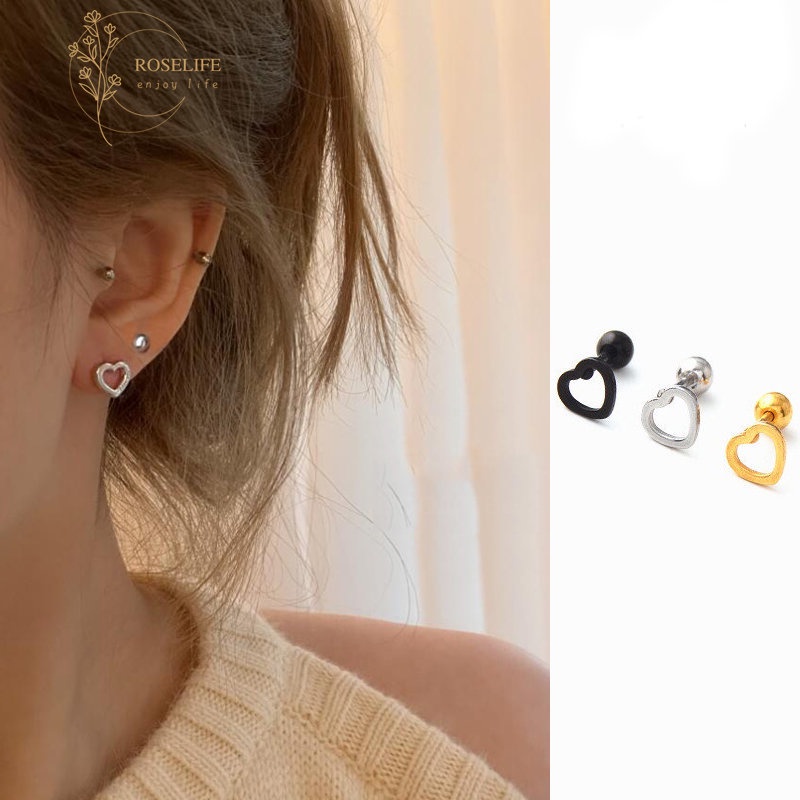 Roselife 1 Pc Punk Perak Baja Titanium Berongga Jantung Sekrup Anting Untuk Wanita Gadis Chic Bola Bulat Jantung Double-end Stud Earring Piercing Tulang Telinga Perhiasan Aksesoris