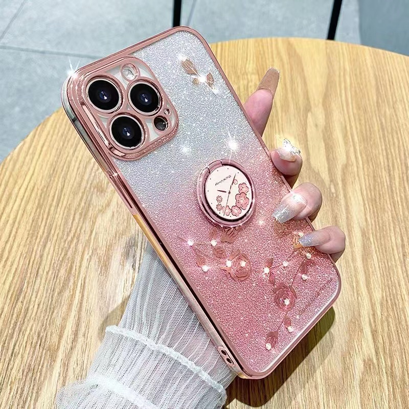 IPHONE Bunga Abadi Gradual Sparkling Pink Band Gelang Bracket Phone Case Iphone11 12 13 14 Pro MAX X XS MAX XR 7 8 Plus SE 2020 Shockproof Case Cover