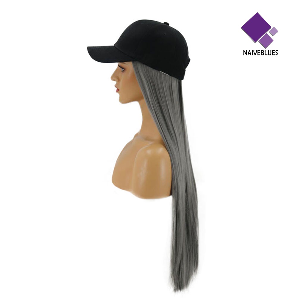 &lt; Naiveblues &gt; Rambut Sintetis Wanita 2in1 Lurus Panjang Dengan Topi Hairpiece Pesta