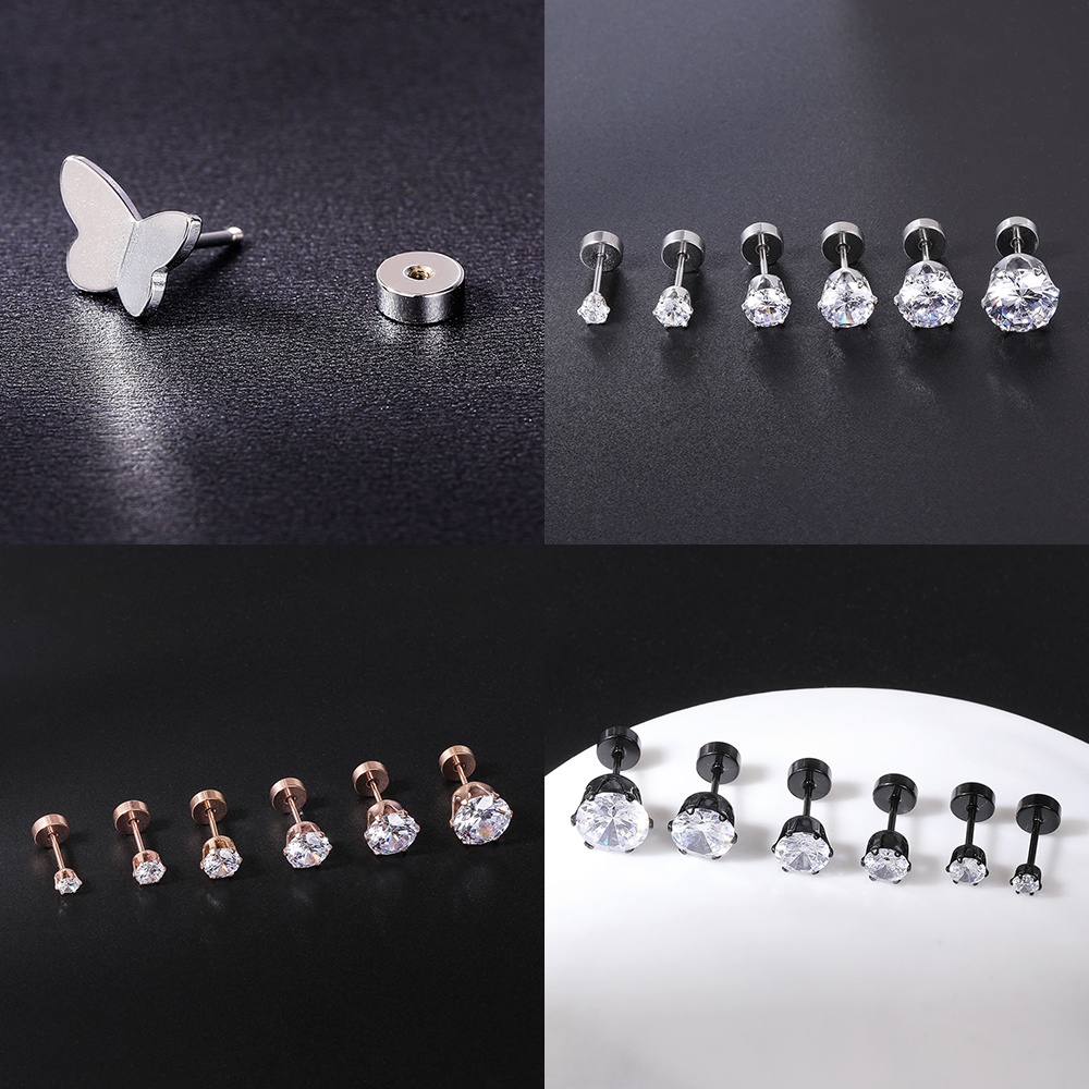 3-6 Pcs Stainless Steel Tulang Rawan Kristal Stud Earrings Set Kupu-Kupu Bunga Mawar Anting Datar Bawah Telinga Stud Helix Piercing