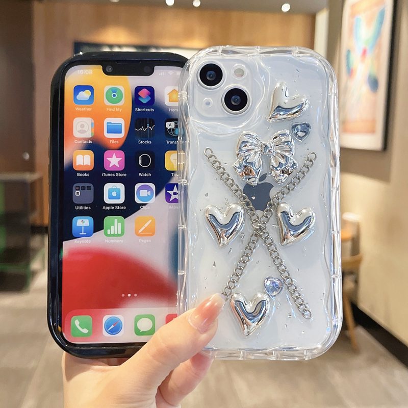 【Resin Case】3D Silver Love Bow Silicone Case for IPhone X XS XR XS Max 11 13 12 14 PRO Max 14 Plus Clear IPhone Case Ice Cream Casing hp iPhone 13 pRO MAX