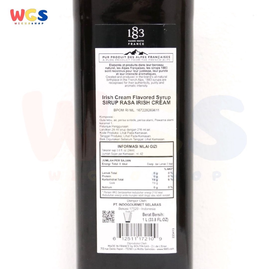 Syrup 1883 Maison Routin France Irish Cream Flavored 33.8 fl oz 1ltr