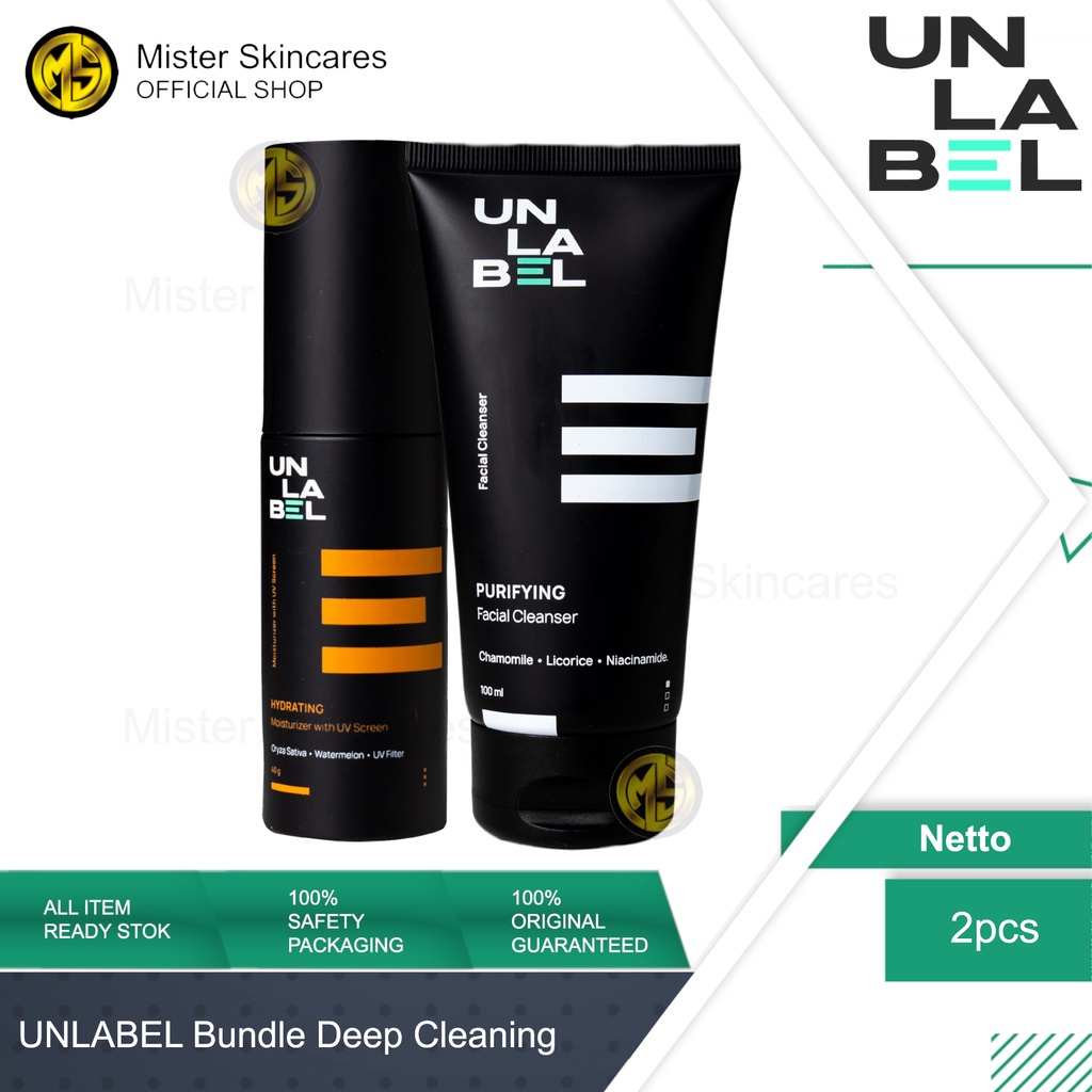 UNLABEL Facial Cleanser + Moisturizer - Paket Sabun Wajah Pria Bebas Kusam &amp; Anti Sinar UV