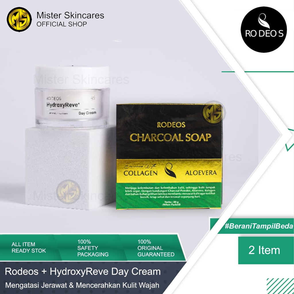 Rodeos Charcoal Soap + Day Cream - Paket Sabun Muka untuk Kulit Cerah Bebas Kusam &amp; Jerawat