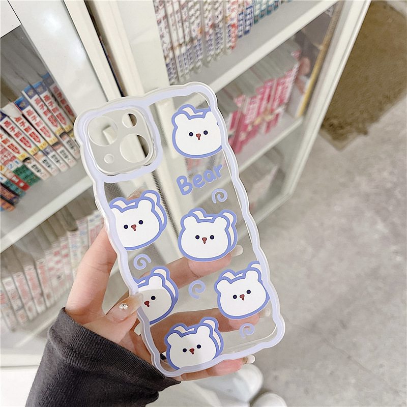 【INS Wave】Blue Line Bear Head Soft TPU Case HP iP iPhone 11 12 13 14 Pro Max 7 8 + Plus SE 2020 X XS XR Max Girl Woman Clear FTD Casing Apple