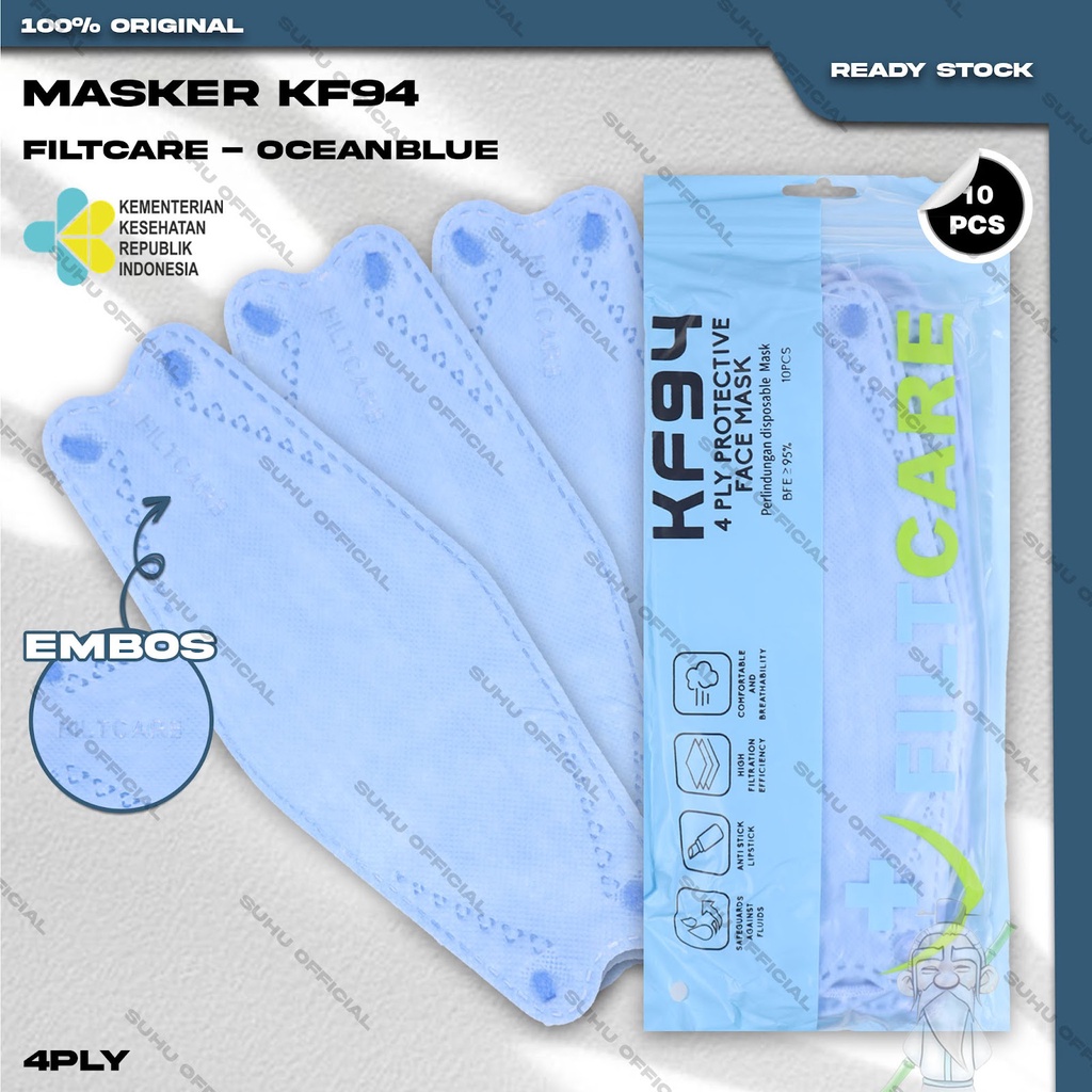 ❤️SUHU❤️ Masker KF94 FILTCARE 4Ply Isi 10Pcs Ocean Blue Korea KF 94 4 Ply Earloop Surgical Mask Kemenkes