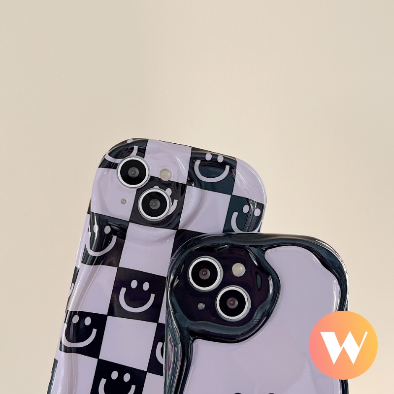 Casing Checkerboard 3D Wavy Curved Edge Kompatibel Untuk iPhone 7Plus 8Plus 11 14 13 12 Pro Max X7 8 6s 6 Plus XR XS Max SE 2020 Smiley Lucu Lembut Airabg Shockproof Glossy Cover