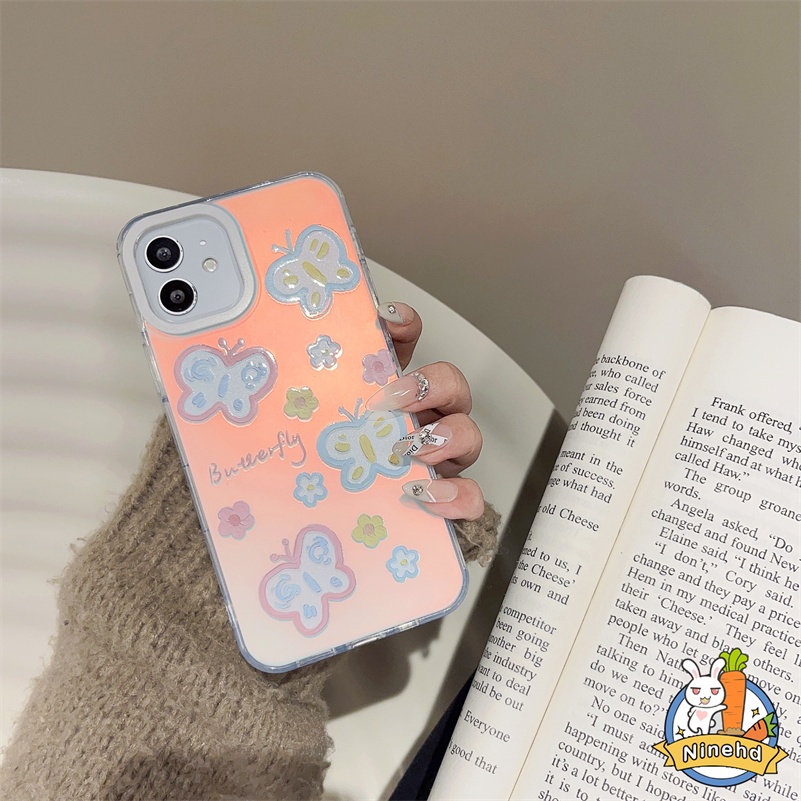 Gradient Laser Flowers Butterfly iPhone Case Kompatibel Untuk Iphone14 13 12 11 Pro Max X Xr Xs Max 8 7 6 Plus SE 2020 Bening Shockproof Silikon Ponsel Soft Case Cover Pelindung