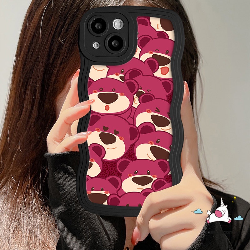 IPHONE Lovely Kartun Manyo Wavy Edge Back Case Kompatibel Untuk Iphone11 14 13 12 Pro Max 7Plus 8Plus X XR 6s 7 8 6 14 Plus XS Max SE 2020 Cute Strawberry Bear Soft Tpu Cover Pelindung