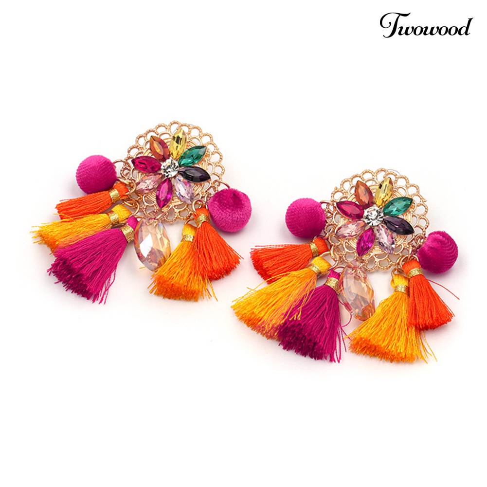 Twowood Boho Wanita Berlian Imitasi Rumbai Pompom Menjuntai Stud Earrings Perhiasan Pernyataan Panjang