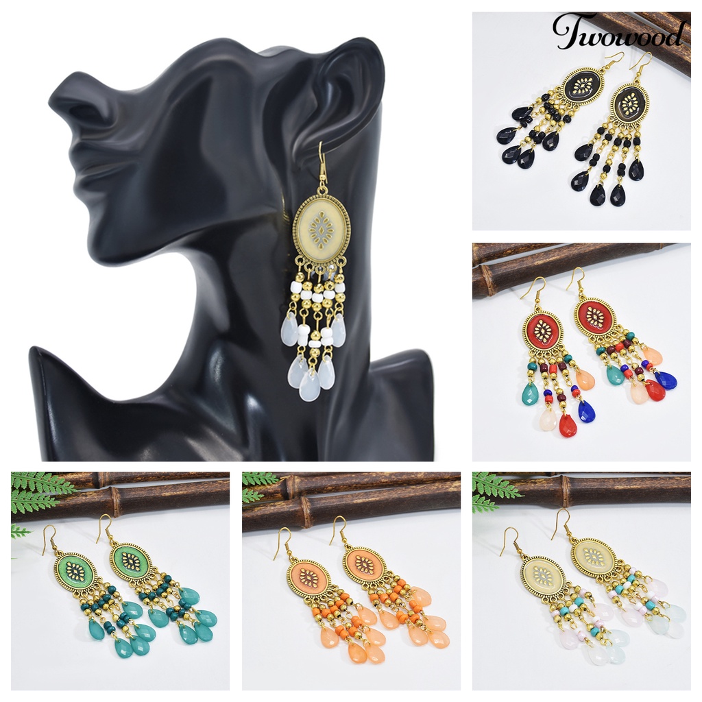 Twowood 1pasang Anting Lady Bentuk Tetesan Air Gaya Etik Vintage Anting Menjuntai Portable Untuk Prom