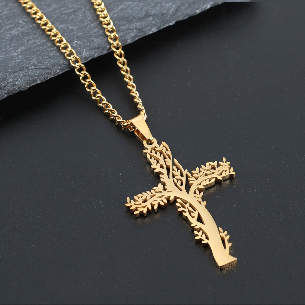 [X C Kalung] Emas &amp; Perak Baru Hip-hop Punk Retro Life Tree Cross ​Kalung titanium Steel Liontin Anti Karat Untuk Perhiasan Hadiah Liburan Pria Dan Wanita