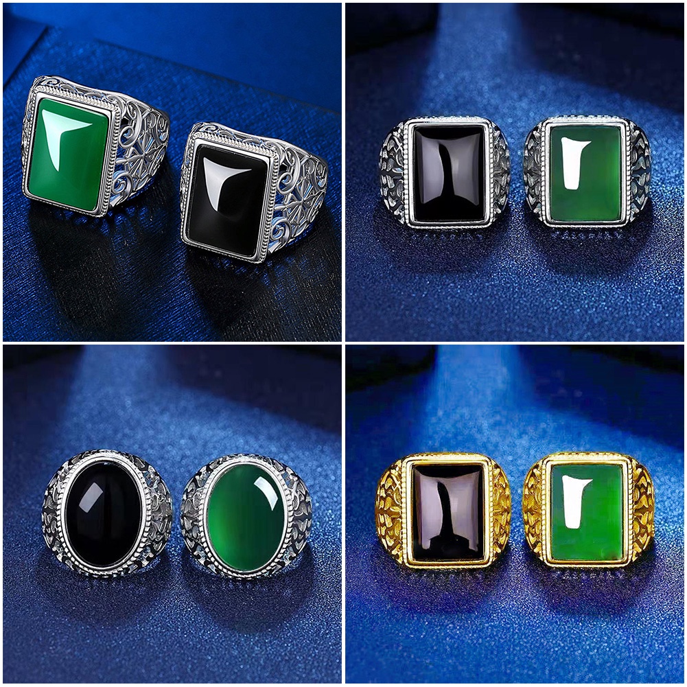 Pria Vintage Hitam Perak Imitasi Batu Akik Cincin/Punk Klasik Adjustable Batu Akik Batu Permata Square Ring/1 Pc Pribadi Perhiasan Aksesoris