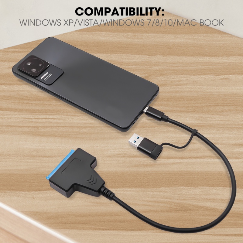 Kabel Data Portable SATA Ke USB Type-C Dual Ports/Kabel Adaptor Hardisk Eksternal 2.5 Inchi/Kabel Sambung SSD Handphone Komputer