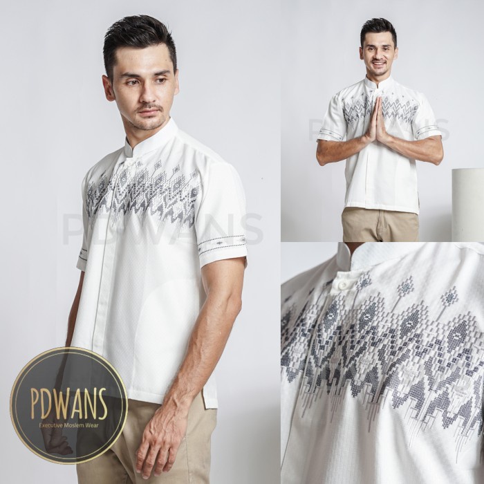 Baju Koko Lengan Pendek Putih Tulang Kemeja Koko Muslim Bordir BMT27 - PutihTulang, M