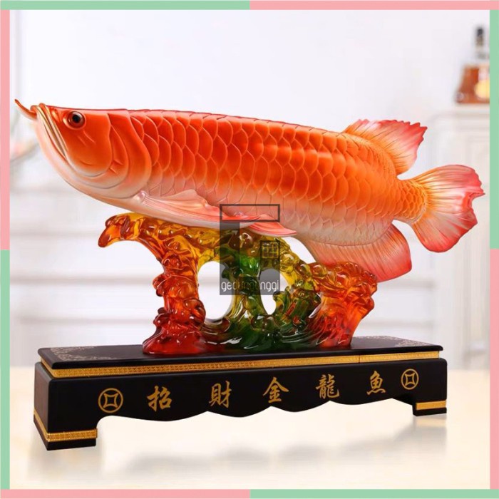 Patung Pajangan Hiasan Ikan Arwana Arowana Golden Silver Red Supered Gold Albino Kuning Hb Pino Blue Base Bluebase Mata Merah Jardini Jardin Crossback Brazil Banjar Hadiah Kado Fengshui Fengsui Feng Shui Rejeki Hoki Meja Kantor Batu Resin Baby Besar Jumbo