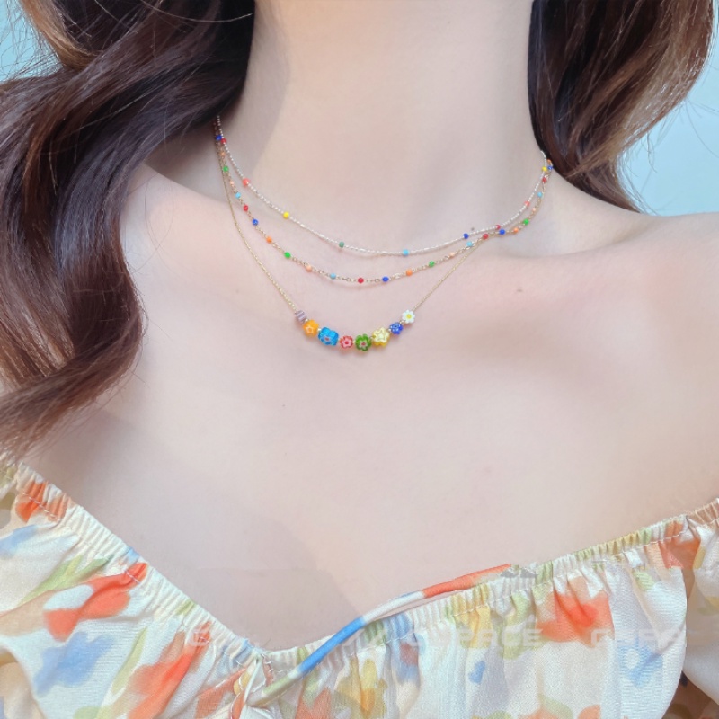 Kami Bunga Korea IU Gaya s925 Perak Warna-Warni Bunga Pelangi Manik-Manik Choker Kalung Untuk Wanita Perempuan Musim Panas Trendi Pantai Liburan Kalung Perhiasan Aksesoris