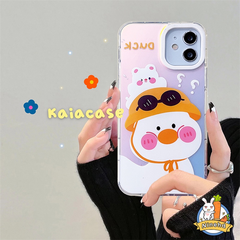 Casing Kompatibel untuk iPhone 14 13 12 11 Pro Max X Xr Xs Max 8 7 Plus SE 2020 Pola Bebek Lucu Bingkai Ponsel Karet Lembut Bingkai Laser Tombol Bening Tahan Guncangan Penutup Belakang TPU Lembut