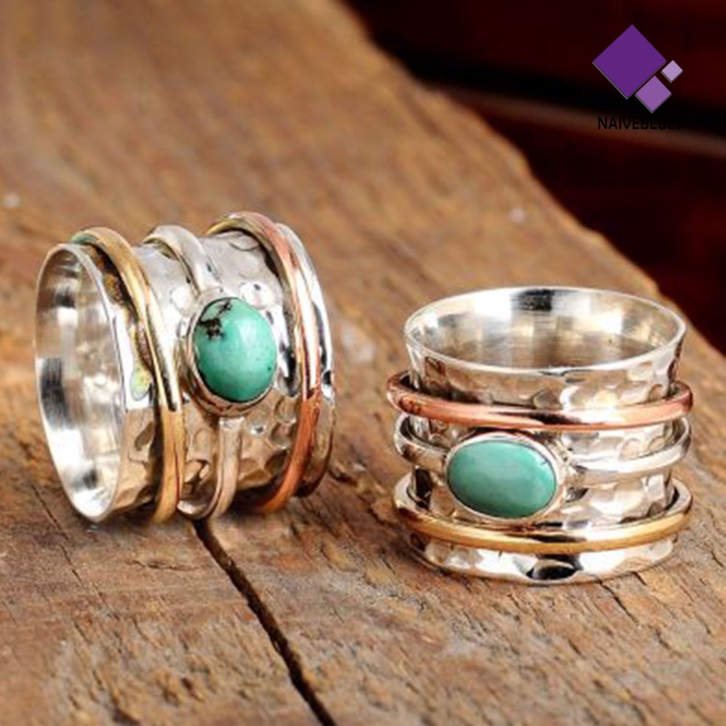 &lt; Naiveblues &gt; Cincin Pria Bohemian Vintage Hias Turquoises Jari Tiga Warna Untuk Pacaran