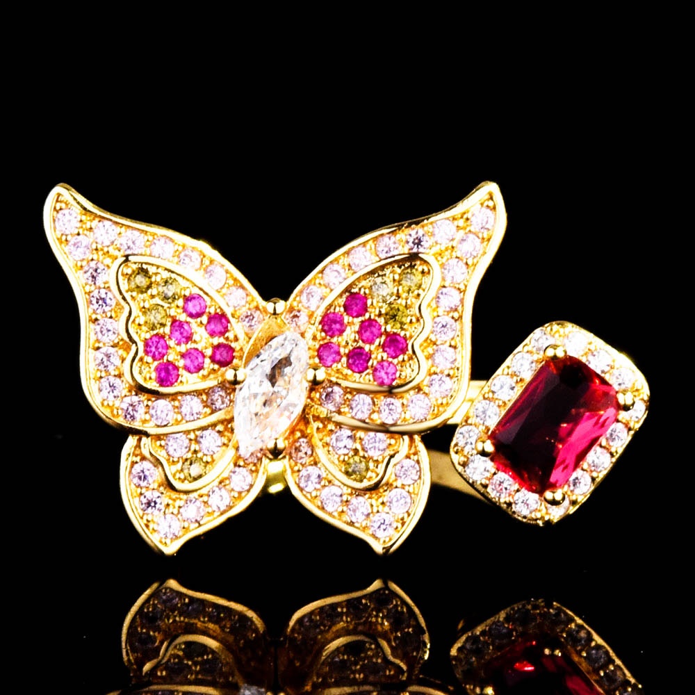 Goldkingdom Aksesoris Perhiasan Fashion Ready Stock Ruby Alami Kupu-Kupu Terbuka Cincin Berlapis Emas Berlian Penuh Butterfly Girl