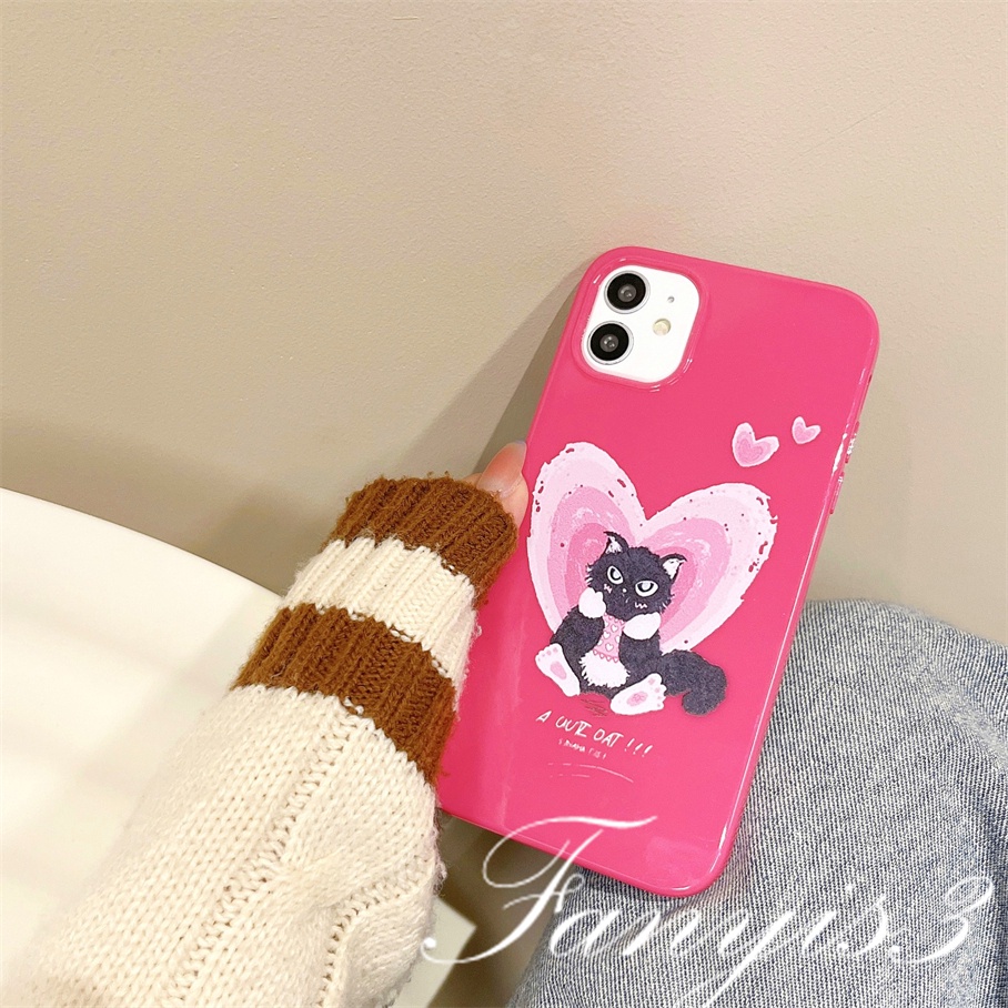 Compatible For iPhone 14 13 12 11 Pro Max X XR Xs Max 8 7 6 6s Plus SE 2020 Kompatibel Untuk Black Cat Heart Pink Permukaan Glossy Phone Case TPU Silikon Lembut Cover Pelindung