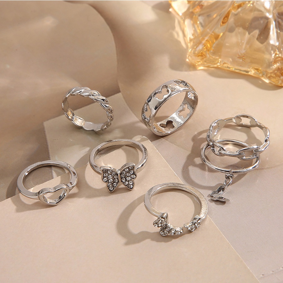 7pcs Set Cincin Jari Hati Kupu-Kupu Zirkon Elegan Untuk Wanita Aksesoris Perhiasan Cincin Perak Y2k Korea