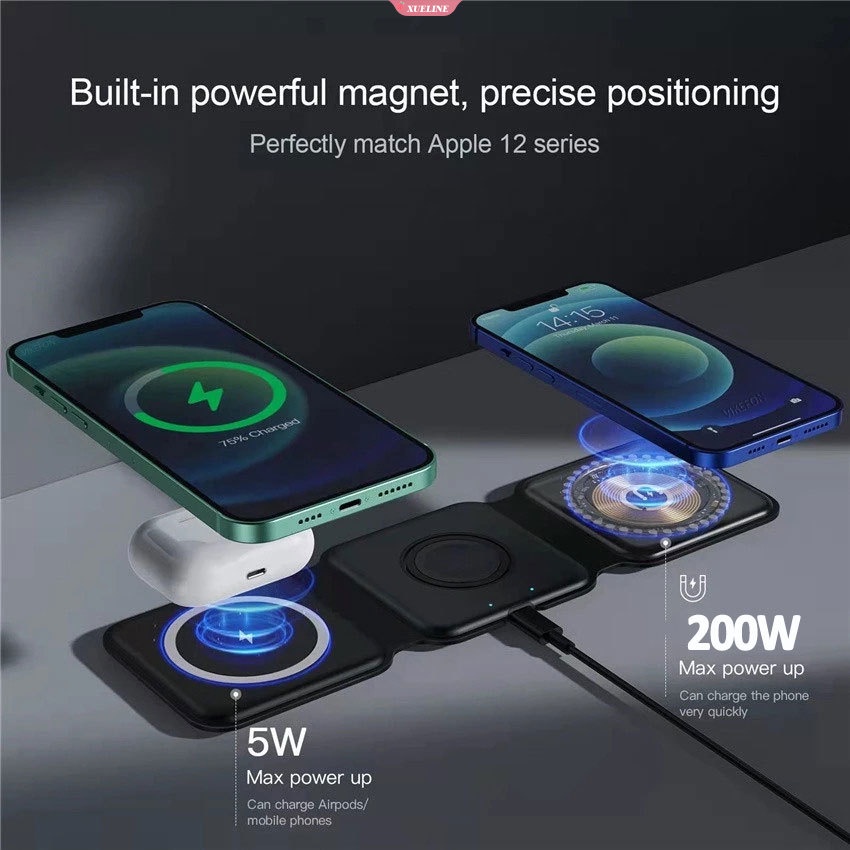 IPHONE 200w 3in1 Magnetic Wireless Charger Stand Pad Lipat Untuk Iphone14 13 12 Airpods Watch 8 7 6 Fast Charging Dock Station [ZXL]