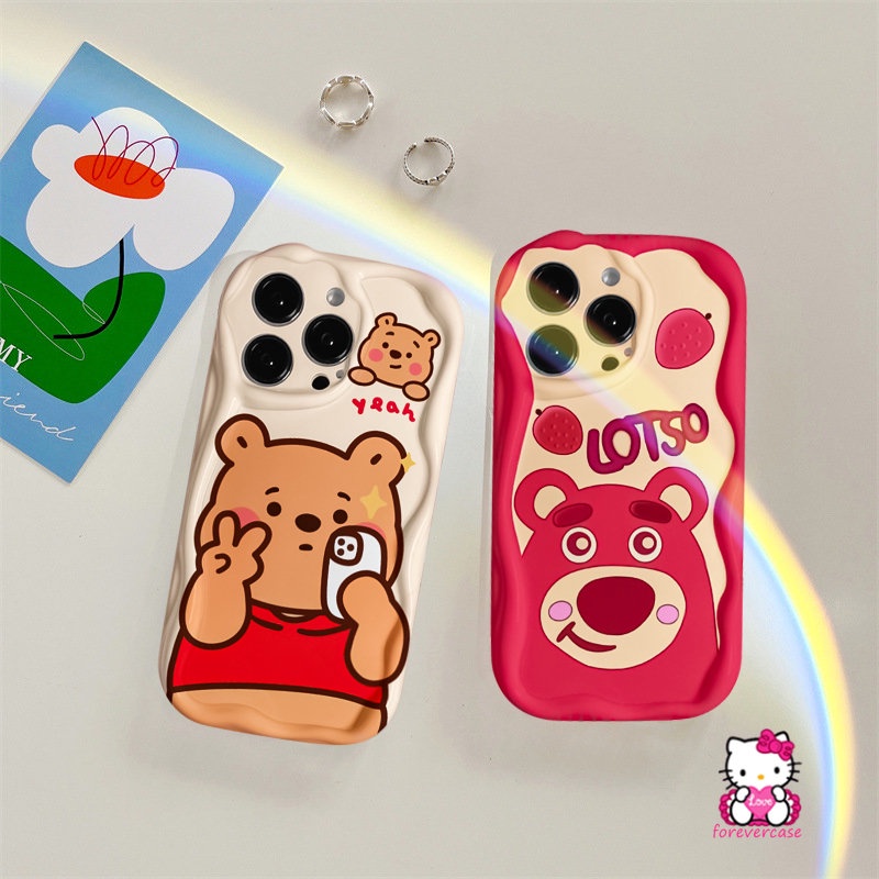 Lovely Bear Manyo 3D Wavy Curved Edge Glossy Case Untuk Redmi Note11 9 11s 10S 10 10Pro Max8 Redmi 10C 9C NFC 9A 10 9 A2 A1 10A 9T POCO M3 Cute Winnie The Pooh Soft Tpu Cover