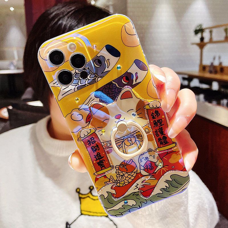 IPHONE Dapatkan Rich Jelly Glitters Lucky Cat Dengan Ring Holder Desain Phone Case Kompatibel Dengan Iphone12 13 14 11 Pro Max X Xs Max Xr Ffdsx