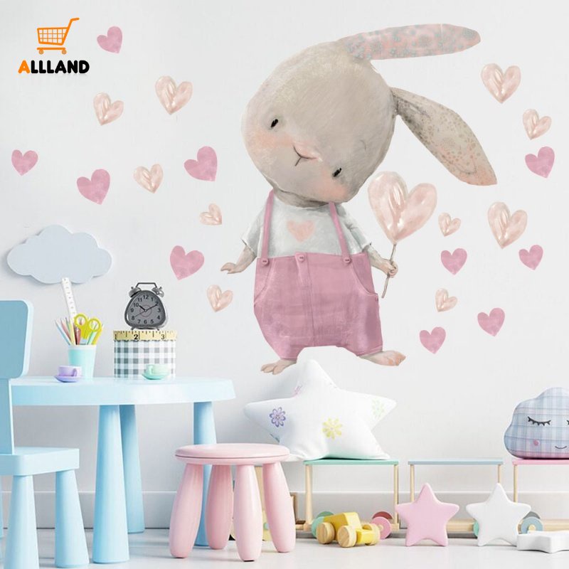 Stiker Dinding Kelinci Hati Pink Lucu/DIY Kartun Kelinci Swing on The Stars Wall Decals Untuk Dekorasi Rumah