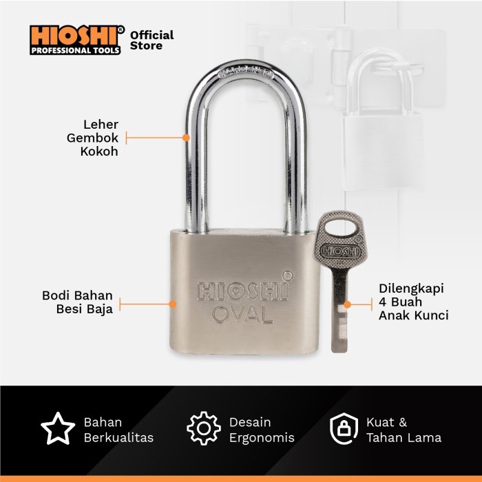 PWRFM HIOSHI /GEMBOK OVAL/LEHER PANJANG/BESI/BAJA/PAGAR/SATIN/30 40 50 60 MM/BLISTER/KUNCI 4BH - HD