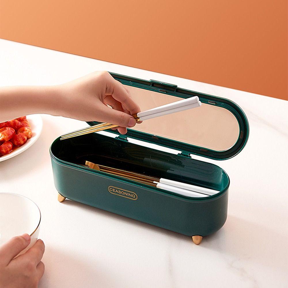 [Elegan] Kotak Penyimpanan Sendok Garpu Tahan Debu Rumah Portable Transparan Dengan Tutup Dan Drainer Tidy Tableware Organizer