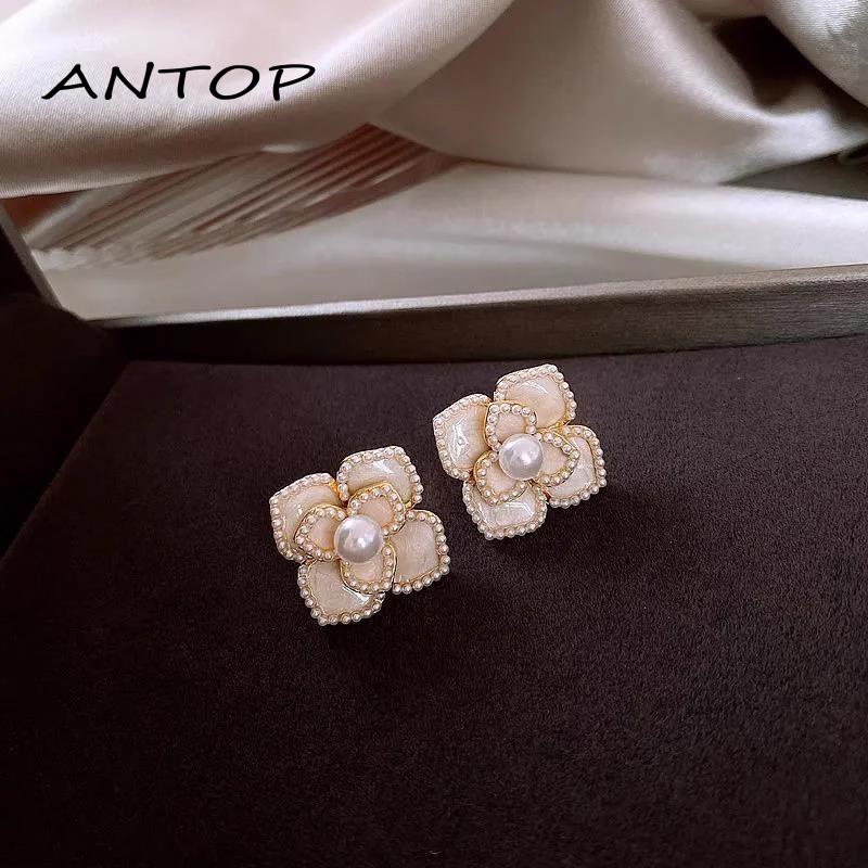 [Yumna] Anting Vintage Gaya Perancis Mutiara Anting Bunga Camelia Elegan Ringan Anting Mewah