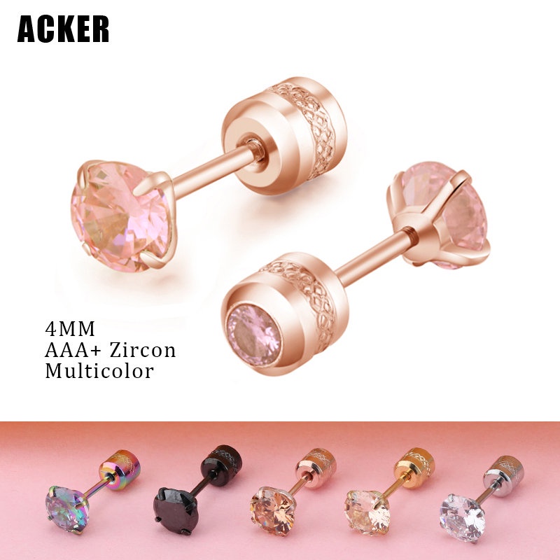 [ACKER] 4mm 1pasang Multicolor Titanium Stainless Cubic Zirconia Diamond AAA+Anting Tusuk Zircon Untuk Wanita /Pria