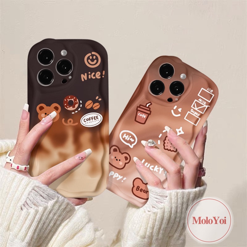 IPHONE Smiley Coffee 3D Wavy Curved Edge Glossy Case Kompatibel Untuk Iphone11 12 13 14 Pro Max XR X XS Max 7Plus 8 6s 6 7 Plus SE 2020 Lucu Kartun Beruang Gradien Telepon Tpu Soft Cover