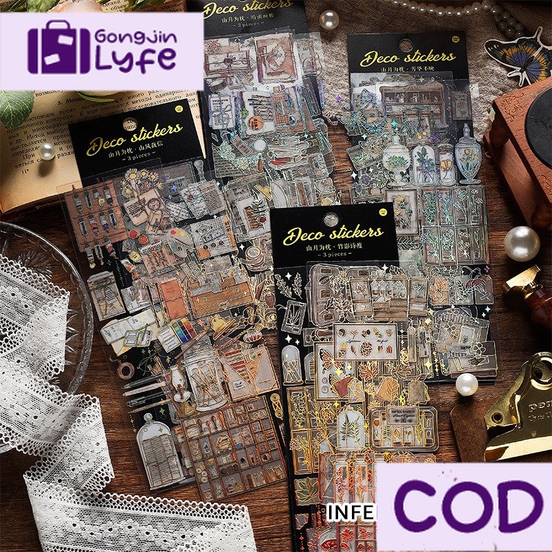 

[Gongjin] 3 Lembar Stiker BLACK HOLO / Sticker Gold Estetik Vintage Hiasan Deco Dekorasi Scrapbook Bujo Journal Journaling Laser Foil Emas PC Bronzing Bronze