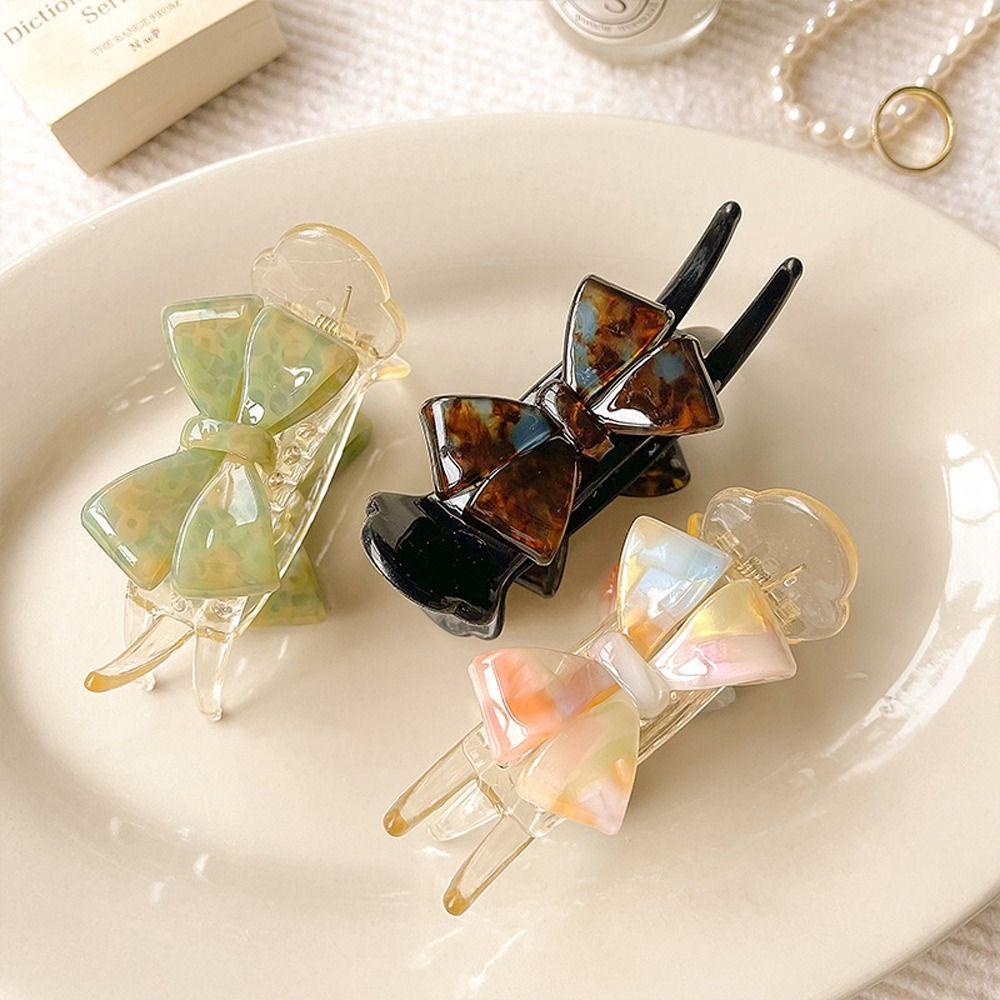 Fishstick Bow Hair Claw Elegan Hiasan Kepala Rambut Crab Clip Gadis Jepit Rambut Ikatan Simpul Ponytail Holder Acrylic Korea Hair Clips