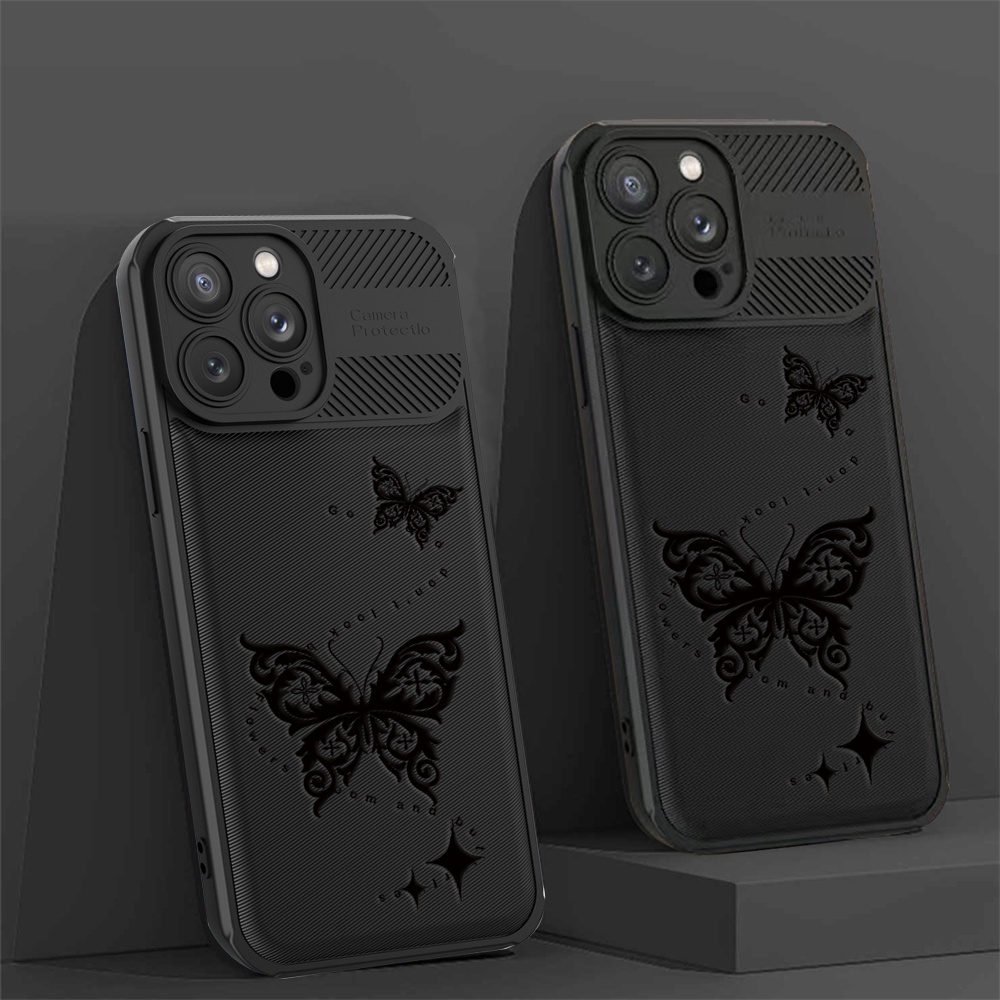 Case Serat Karbon Realme C55 C35 C33 C31 C21Y C25Y RealmeC25 C25S C15 C12 C3 C2 Realme 5 5i 5S 6i C3 Dark Butterfly Cross Grain Phone Case Cover