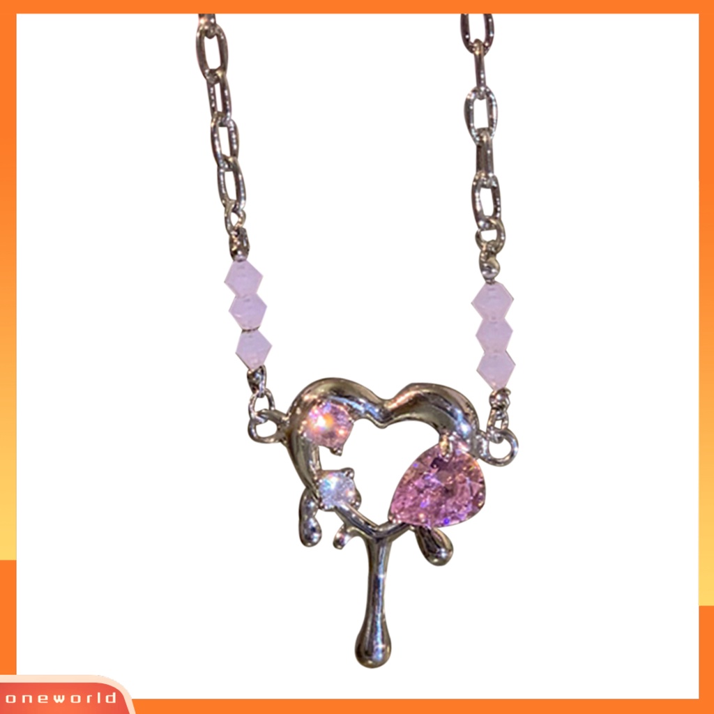 [ONE] Rantai Ekstensi Dapat Disesuaikan Paduan Lady Kalung Pink Cubic Zirconia Jantung Liontin Choker Kalung Perhiasan Aksesori