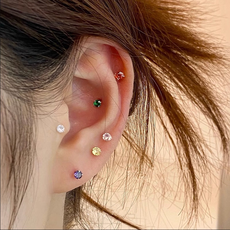 Roselife Unisex S925 Perak Minimalis Berkilau Warna-Warni Zirkon Stud Earrings Untuk Wanita Pria Halus Kecil Kristal Piercing Earring Hypoallergenic Telinga Perhiasan Aksesoris