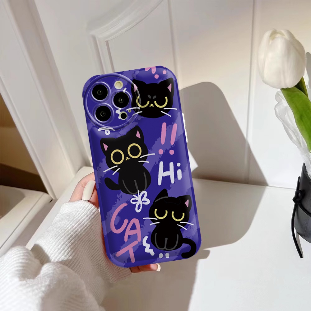 Oppo Reno 8T 4G A57 A16 A16K A17 A5S A12 A3S A12E A92 A52 F1S A53 A33 A31 A9 A5 A15 A15S A54 F9 C1 Graffiti Black Cat Air cushion TPU Phone Case Dengan Bracket Binteacase